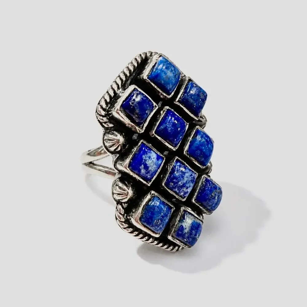 Lapis Lazuli Cluster Statement Sterling Silver Ring Size 7 BOHO